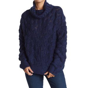 New FRNCH Womens Small Medium Navy Blue Sweater Turtleneck Mock Neck Open Knit